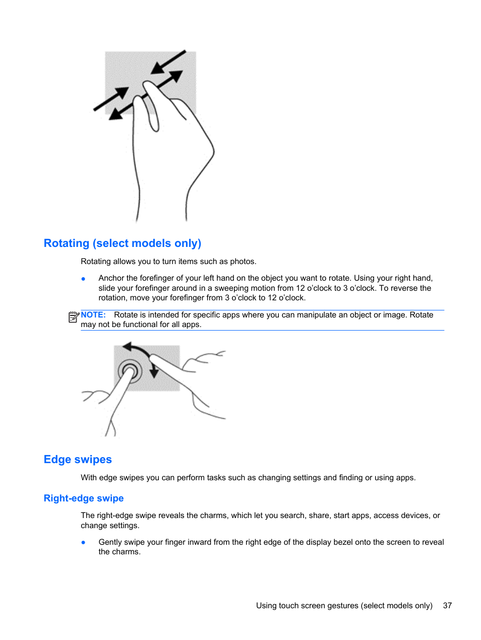 Rotating (select models only), Edge swipes, Right-edge swipe | Rotating (select models only) edge swipes | HP ENVY 17-j120us Notebook PC User Manual | Page 47 / 103