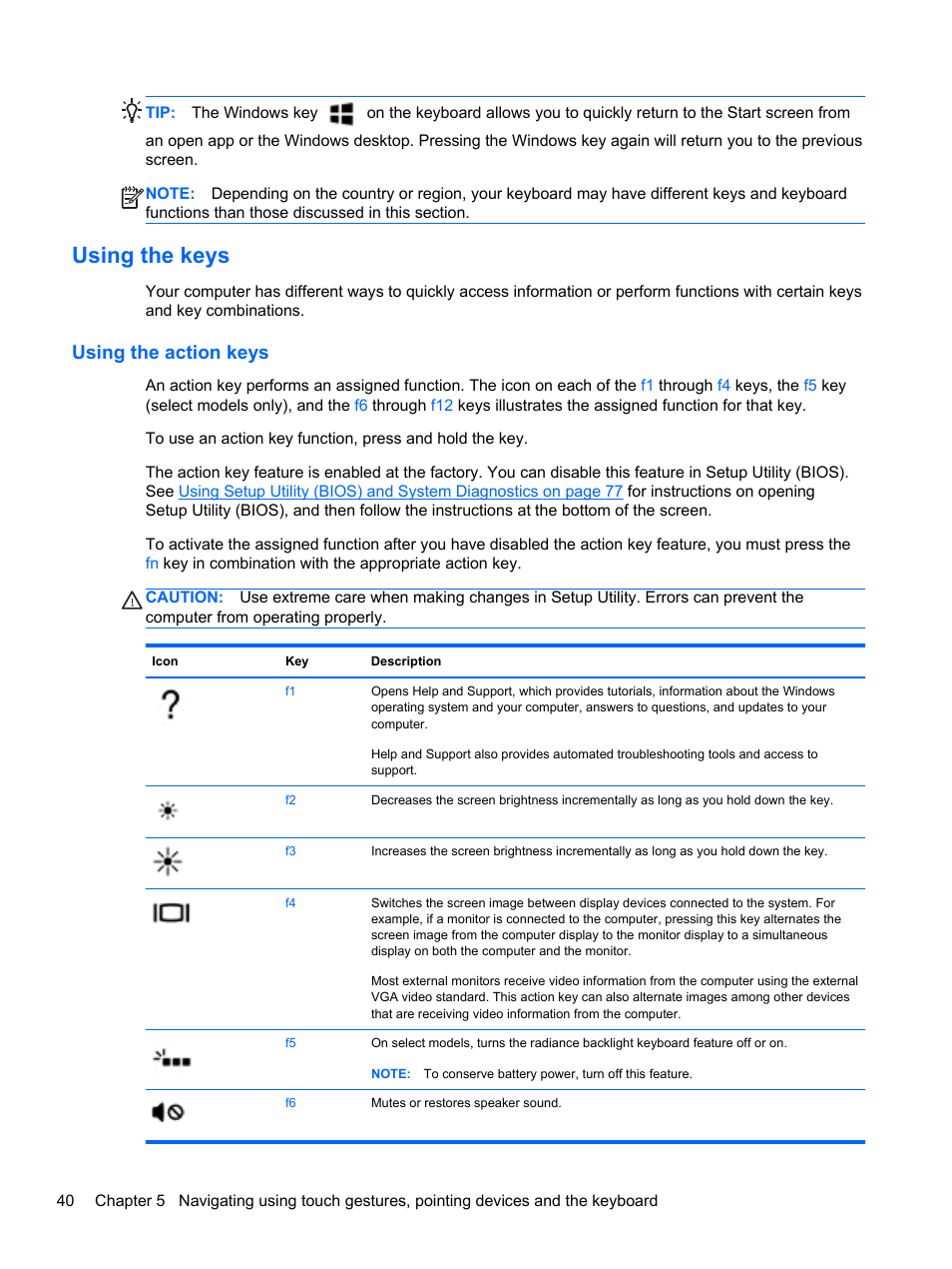 Using the keys, Using the action keys | HP ENVY 17-j120us Notebook PC User Manual | Page 50 / 103