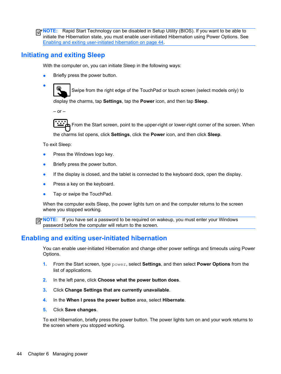 Initiating and exiting sleep, Enabling and exiting user-initiated hibernation, Initiating and | Information, see | HP ENVY 17-j120us Notebook PC User Manual | Page 54 / 103