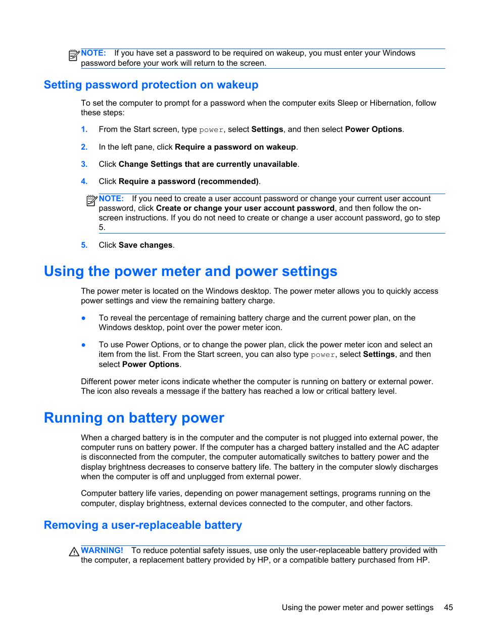 Setting password protection on wakeup, Using the power meter and power settings, Running on battery power | Removing a user-replaceable battery | HP ENVY 17-j120us Notebook PC User Manual | Page 55 / 103