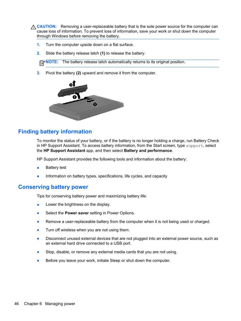 Finding battery information, Conserving battery power | HP ENVY 17-j120us Notebook PC User Manual | Page 56 / 103