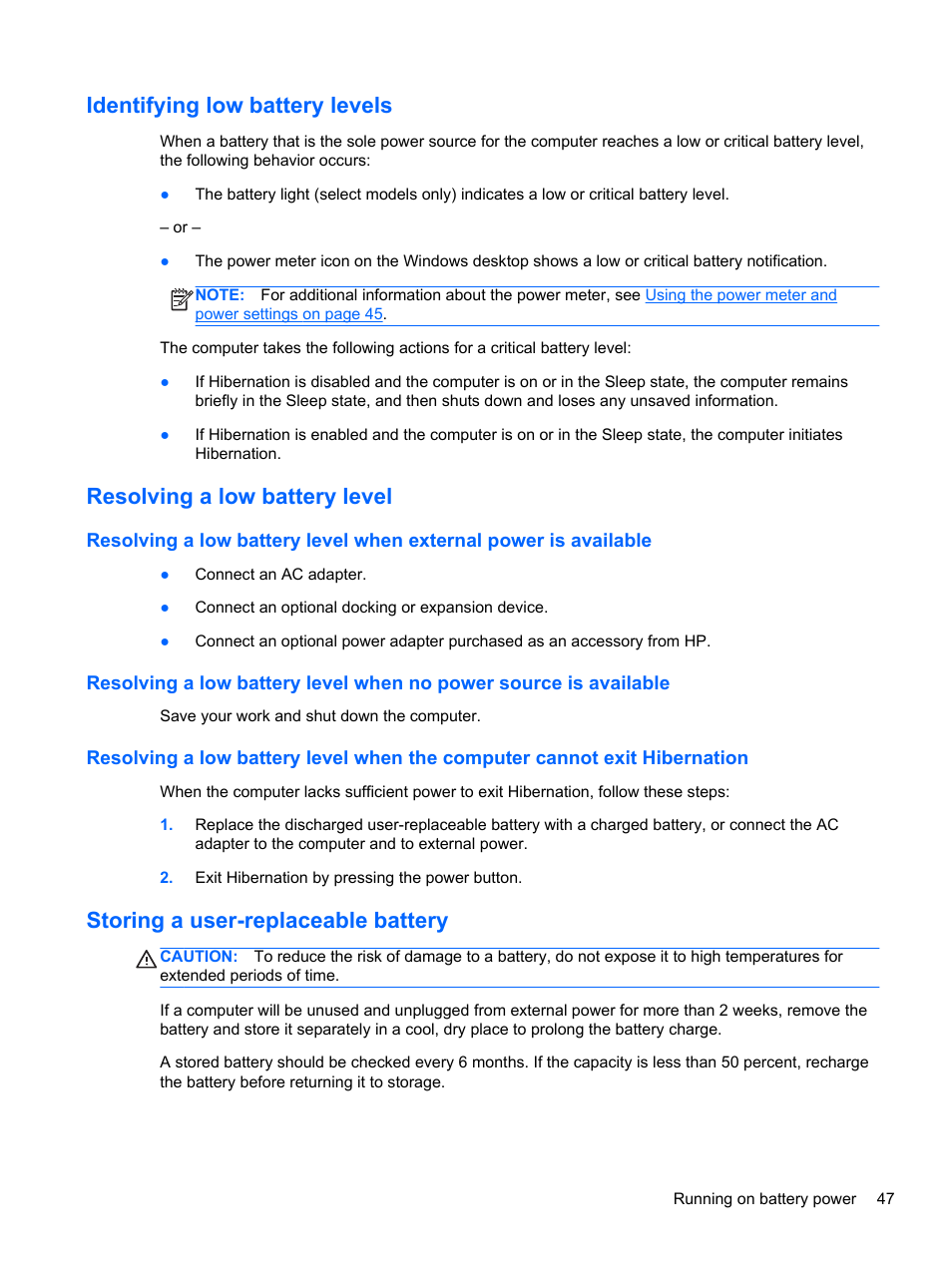 Identifying low battery levels, Resolving a low battery level, Storing a user-replaceable battery | HP ENVY 17-j120us Notebook PC User Manual | Page 57 / 103