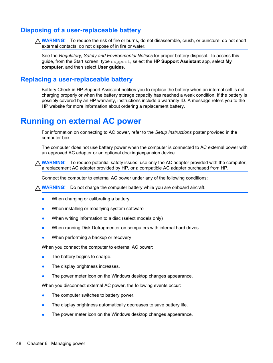 Disposing of a user-replaceable battery, Replacing a user-replaceable battery, Running on external ac power | HP ENVY 17-j120us Notebook PC User Manual | Page 58 / 103