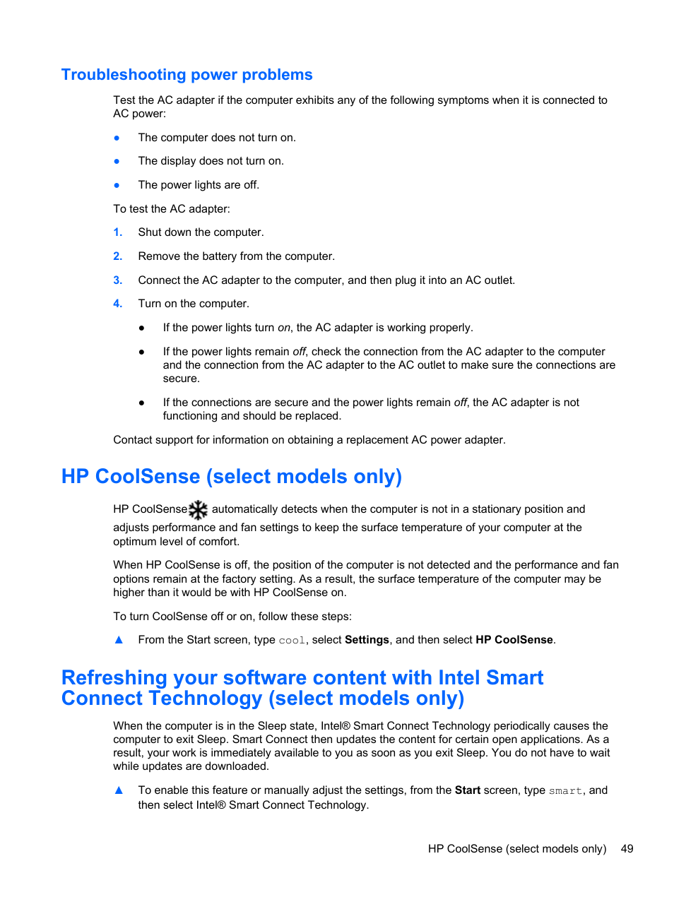 Troubleshooting power problems, Hp coolsense (select models only) | HP ENVY 17-j120us Notebook PC User Manual | Page 59 / 103