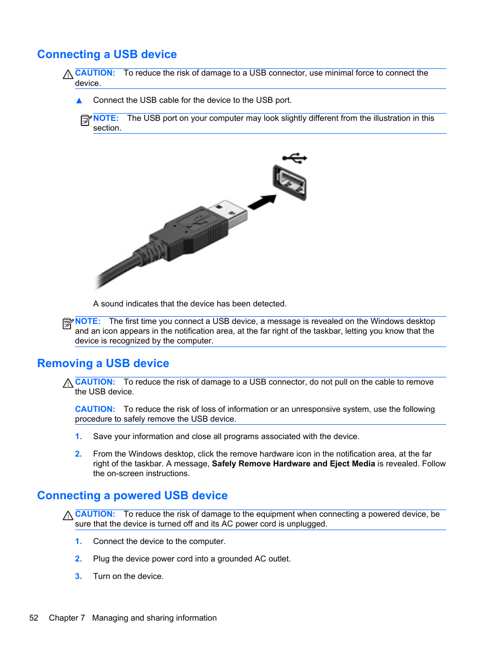 Connecting a usb device, Removing a usb device, Connecting a powered usb device | HP ENVY 17-j120us Notebook PC User Manual | Page 62 / 103