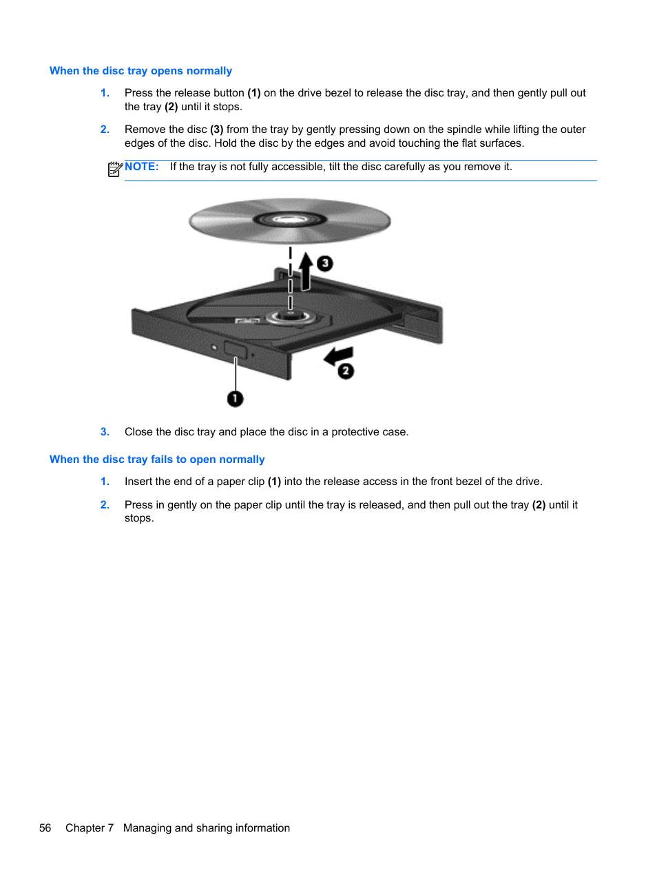 When the disc tray opens normally, When the disc tray fails to open normally | HP ENVY 17-j120us Notebook PC User Manual | Page 66 / 103