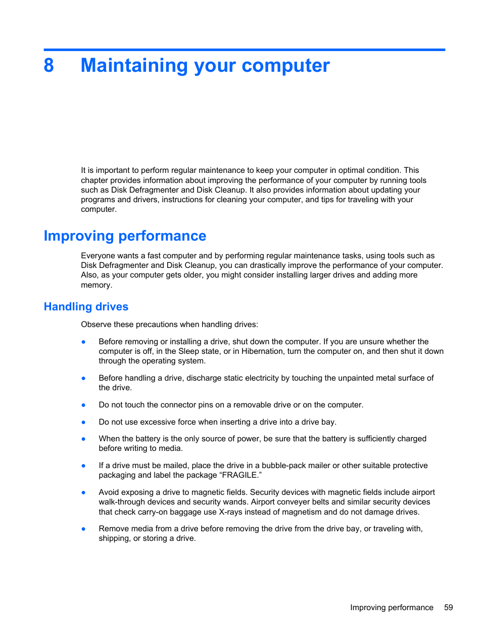 Maintaining your computer, Improving performance, Handling drives | 8 maintaining your computer, 8maintaining your computer | HP ENVY 17-j120us Notebook PC User Manual | Page 69 / 103