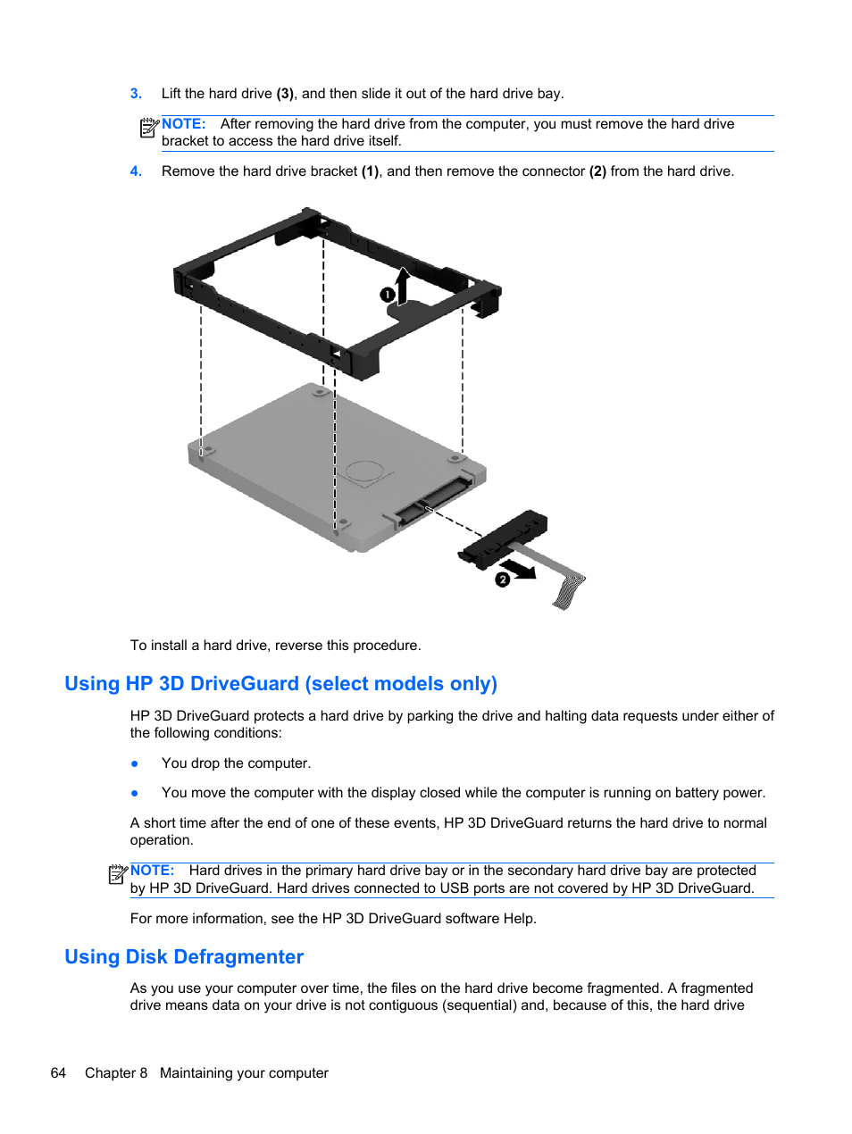 Using hp 3d driveguard (select models only), Using disk defragmenter | HP ENVY 17-j120us Notebook PC User Manual | Page 74 / 103