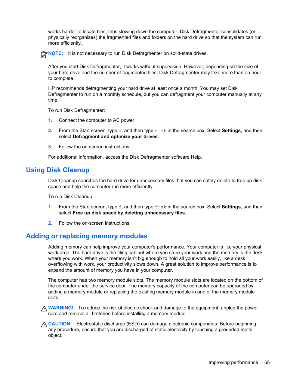 Using disk cleanup, Adding or replacing memory modules | HP ENVY 17-j120us Notebook PC User Manual | Page 75 / 103