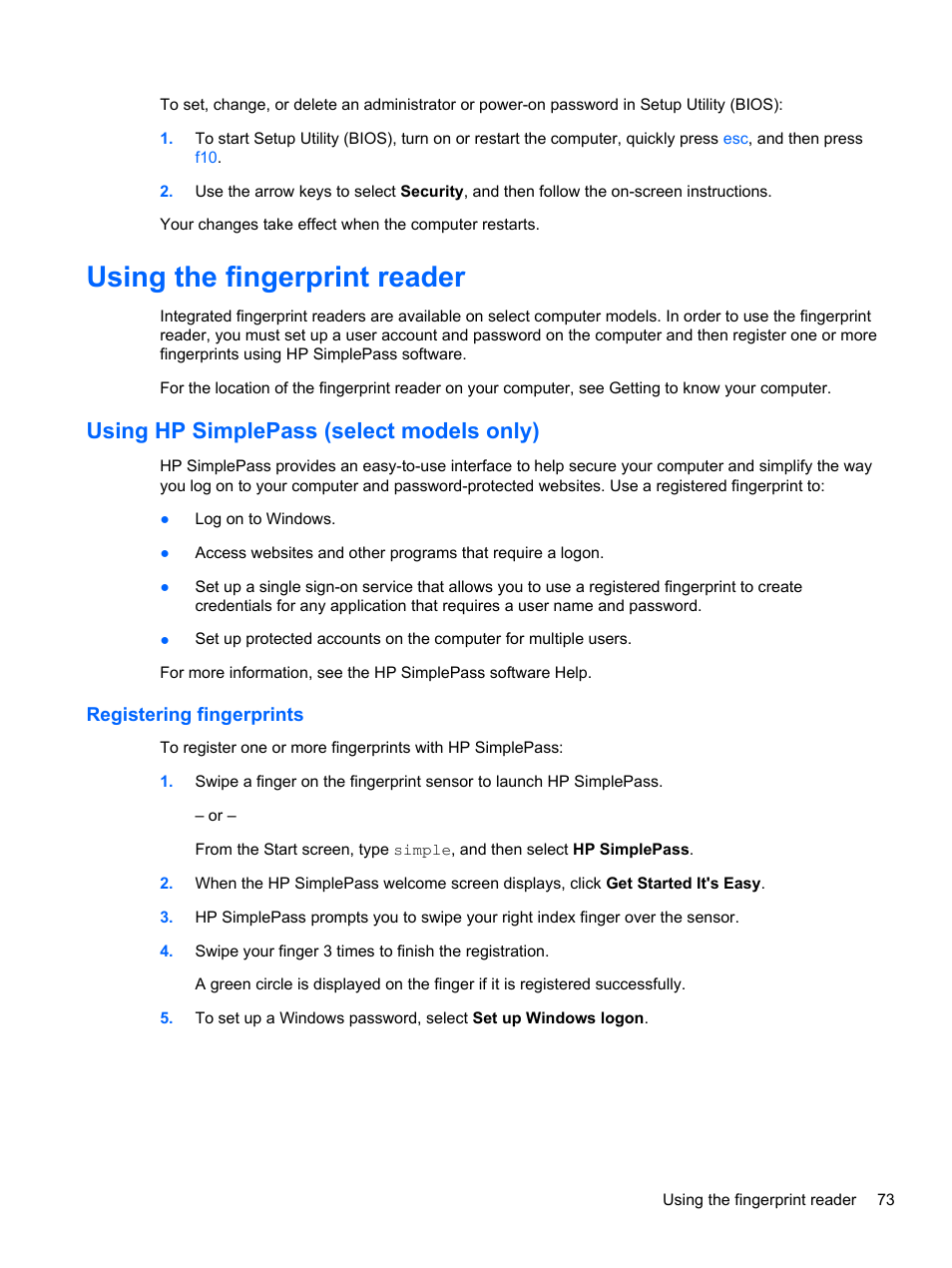 Using the fingerprint reader, Using hp simplepass (select models only), Registering fingerprints | HP ENVY 17-j120us Notebook PC User Manual | Page 83 / 103