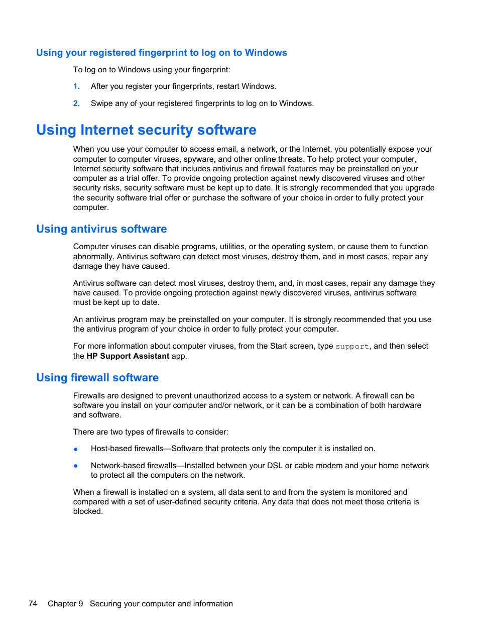 Using internet security software, Using antivirus software, Using firewall software | Using antivirus software using firewall software | HP ENVY 17-j120us Notebook PC User Manual | Page 84 / 103