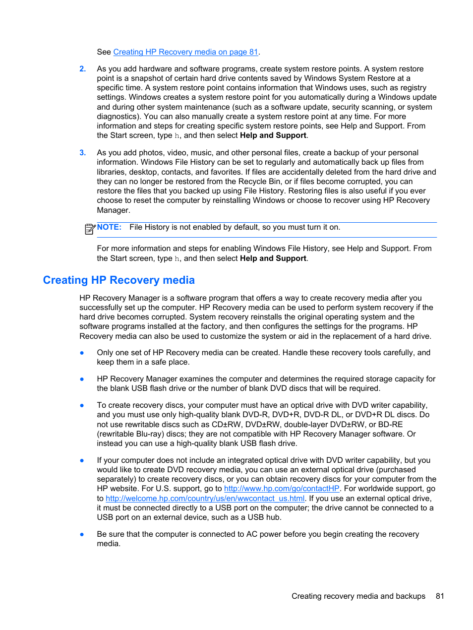 Creating hp recovery media | HP ENVY 17-j120us Notebook PC User Manual | Page 91 / 103