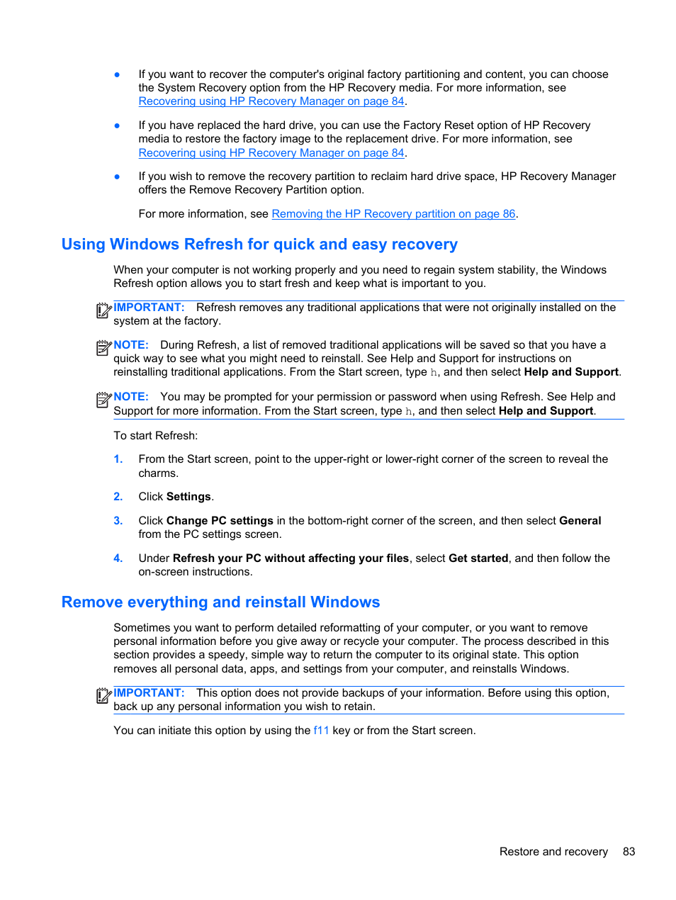 Using windows refresh for quick and easy recovery, Remove everything and reinstall windows | HP ENVY 17-j120us Notebook PC User Manual | Page 93 / 103