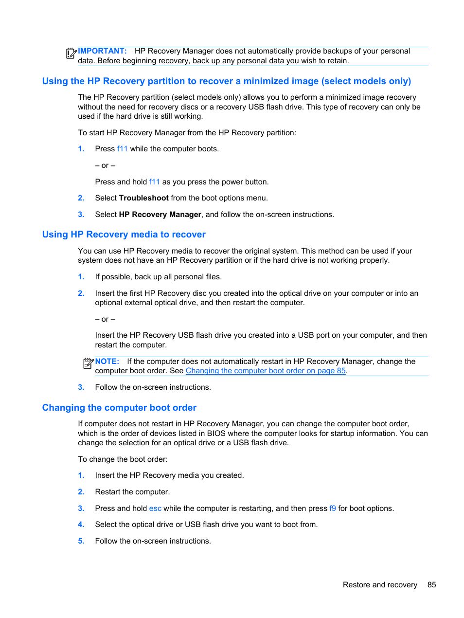 Using hp recovery media to recover, Changing the computer boot order | HP ENVY 17-j120us Notebook PC User Manual | Page 95 / 103