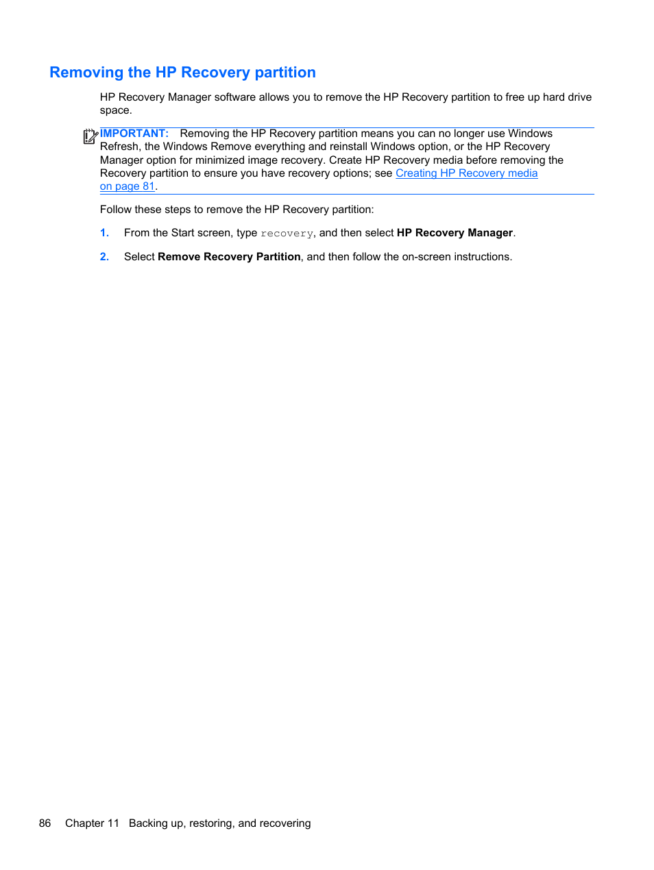 Removing the hp recovery partition | HP ENVY 17-j120us Notebook PC User Manual | Page 96 / 103