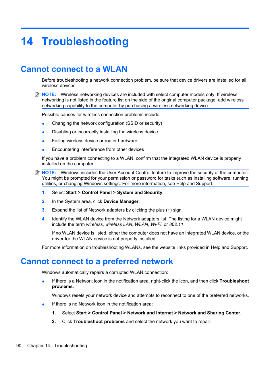 Troubleshooting, Cannot connect to a wlan, Cannot connect to a preferred network | 14 troubleshooting | HP Pavilion dv7-4278nr Entertainment Notebook PC User Manual | Page 100 / 112