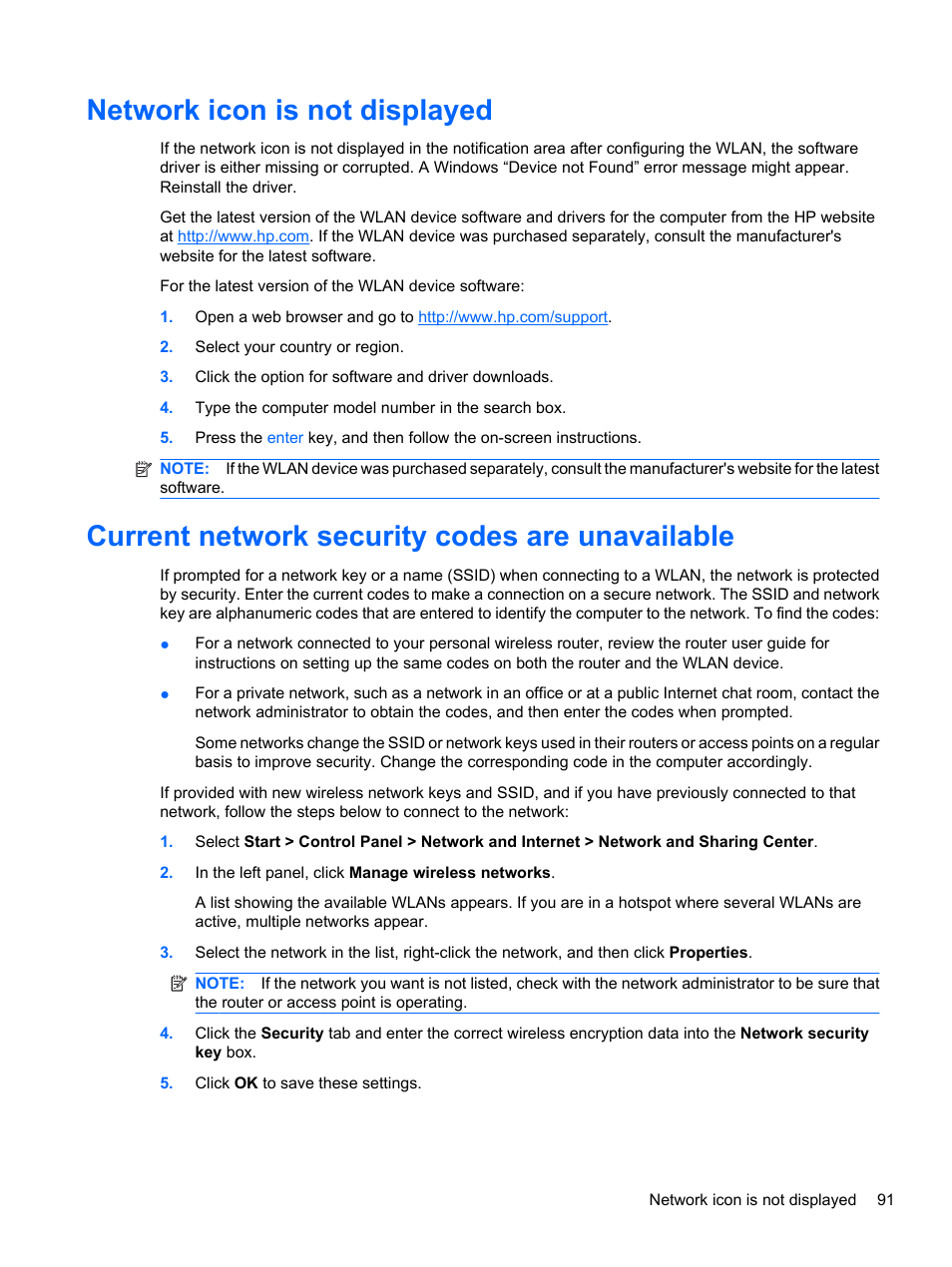 Network icon is not displayed, Current network security codes are unavailable | HP Pavilion dv7-4278nr Entertainment Notebook PC User Manual | Page 101 / 112