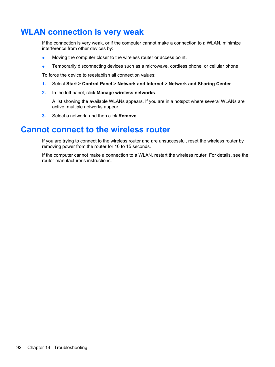 Wlan connection is very weak, Cannot connect to the wireless router | HP Pavilion dv7-4278nr Entertainment Notebook PC User Manual | Page 102 / 112