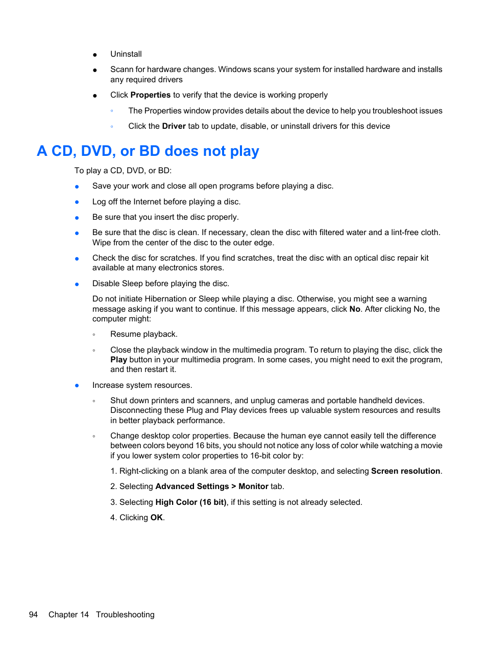 A cd, dvd, or bd does not play | HP Pavilion dv7-4278nr Entertainment Notebook PC User Manual | Page 104 / 112