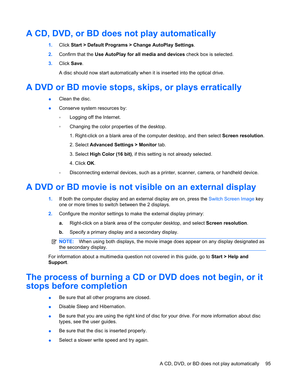 A cd, dvd, or bd does not play automatically | HP Pavilion dv7-4278nr Entertainment Notebook PC User Manual | Page 105 / 112