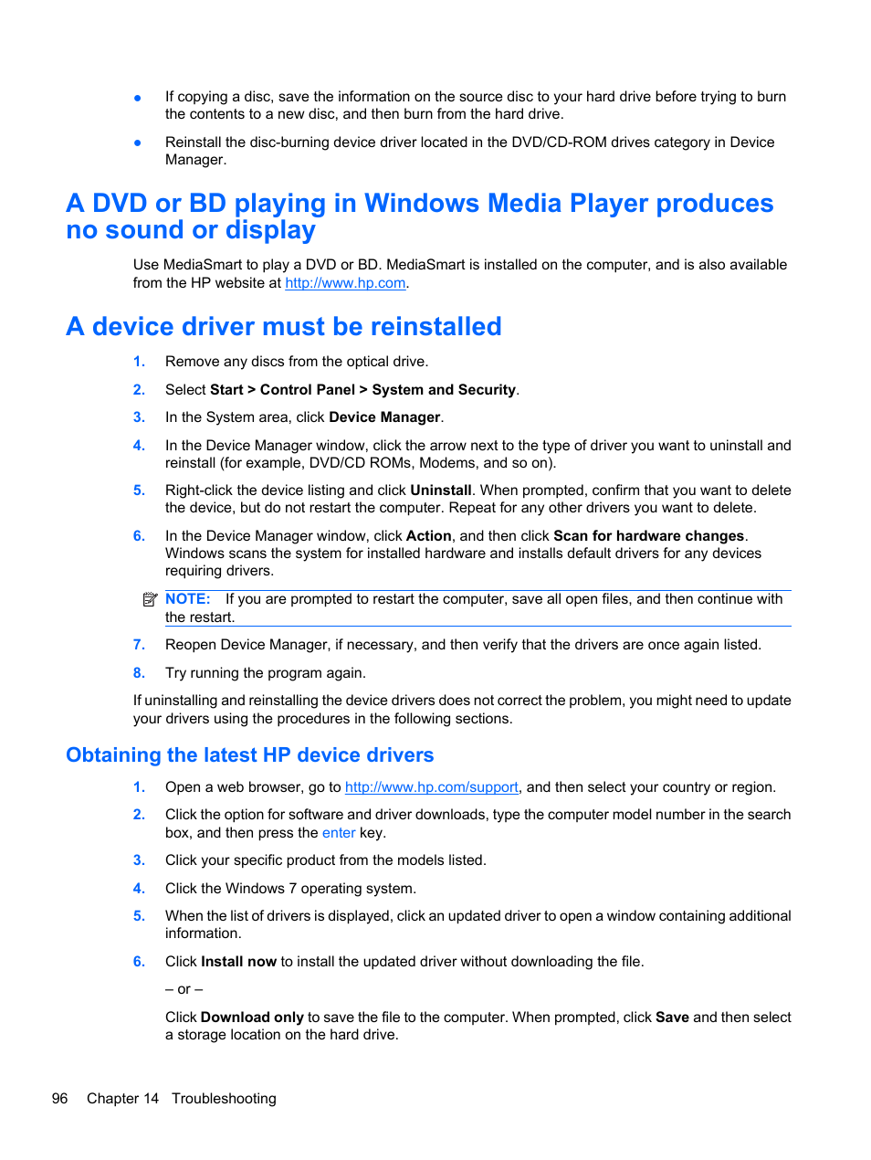 A device driver must be reinstalled, Obtaining the latest hp device drivers | HP Pavilion dv7-4278nr Entertainment Notebook PC User Manual | Page 106 / 112