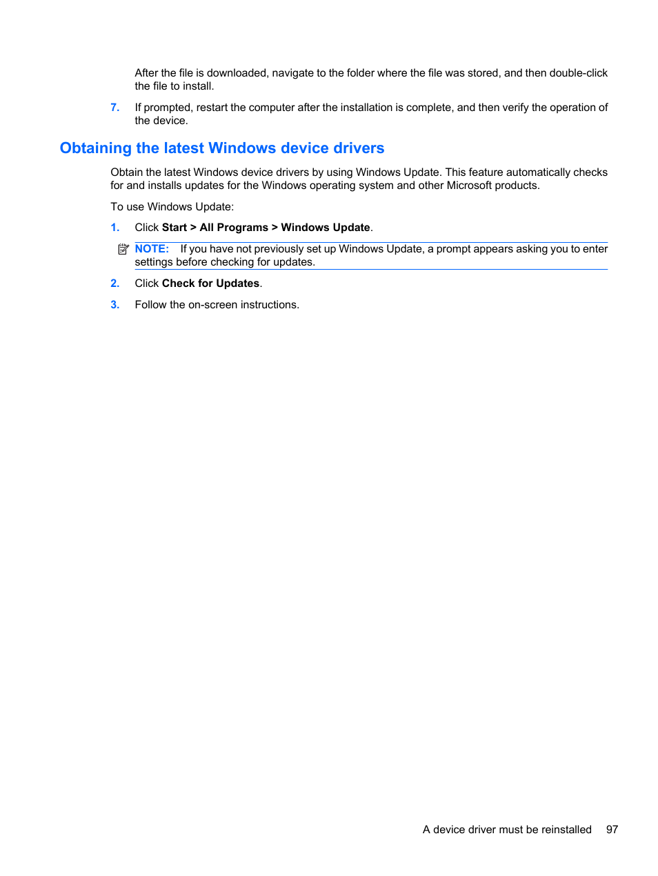 Obtaining the latest windows device drivers | HP Pavilion dv7-4278nr Entertainment Notebook PC User Manual | Page 107 / 112