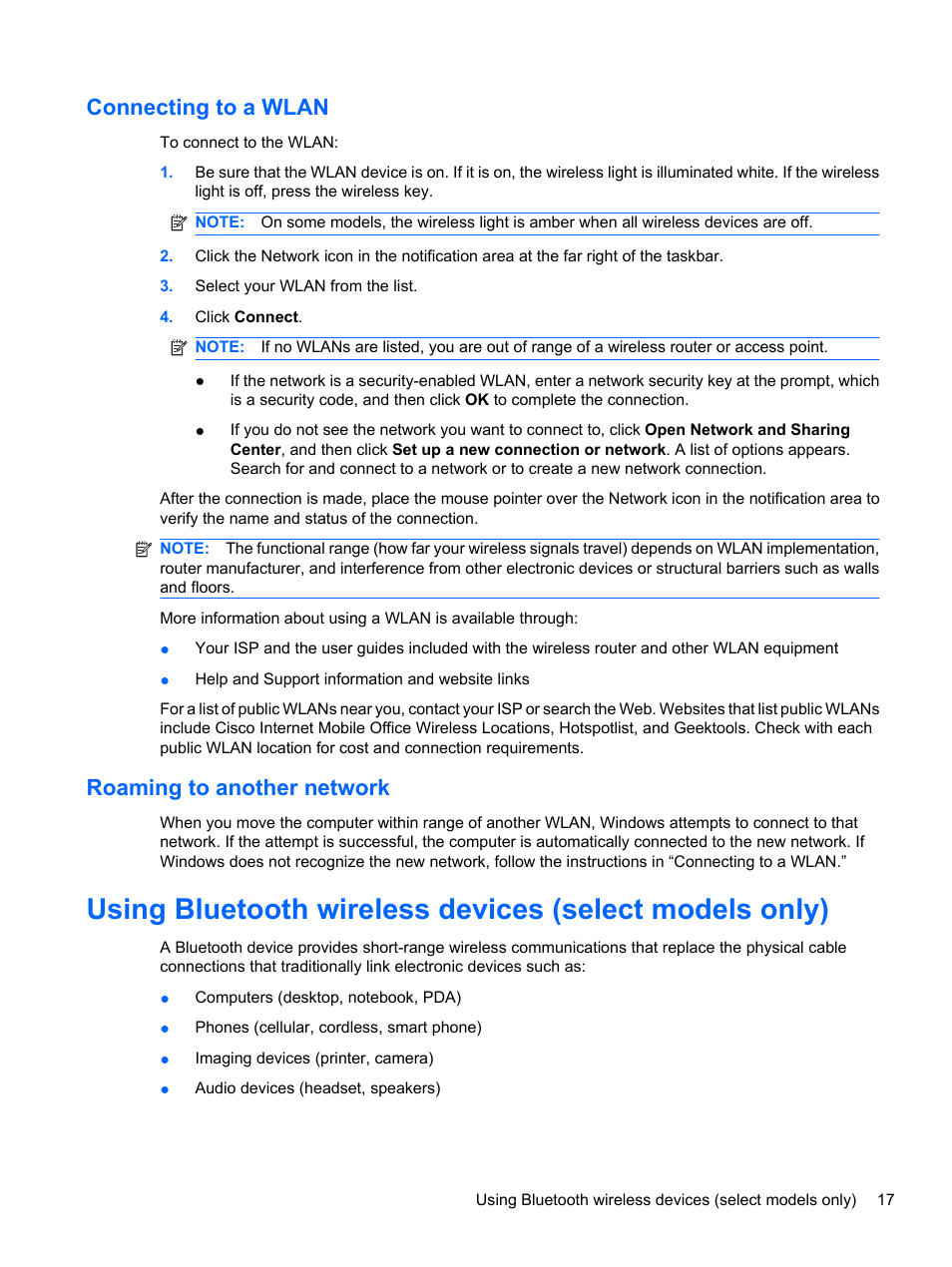 Connecting to a wlan, Roaming to another network, Connecting to a wlan roaming to another network | HP Pavilion dv7-4278nr Entertainment Notebook PC User Manual | Page 27 / 112