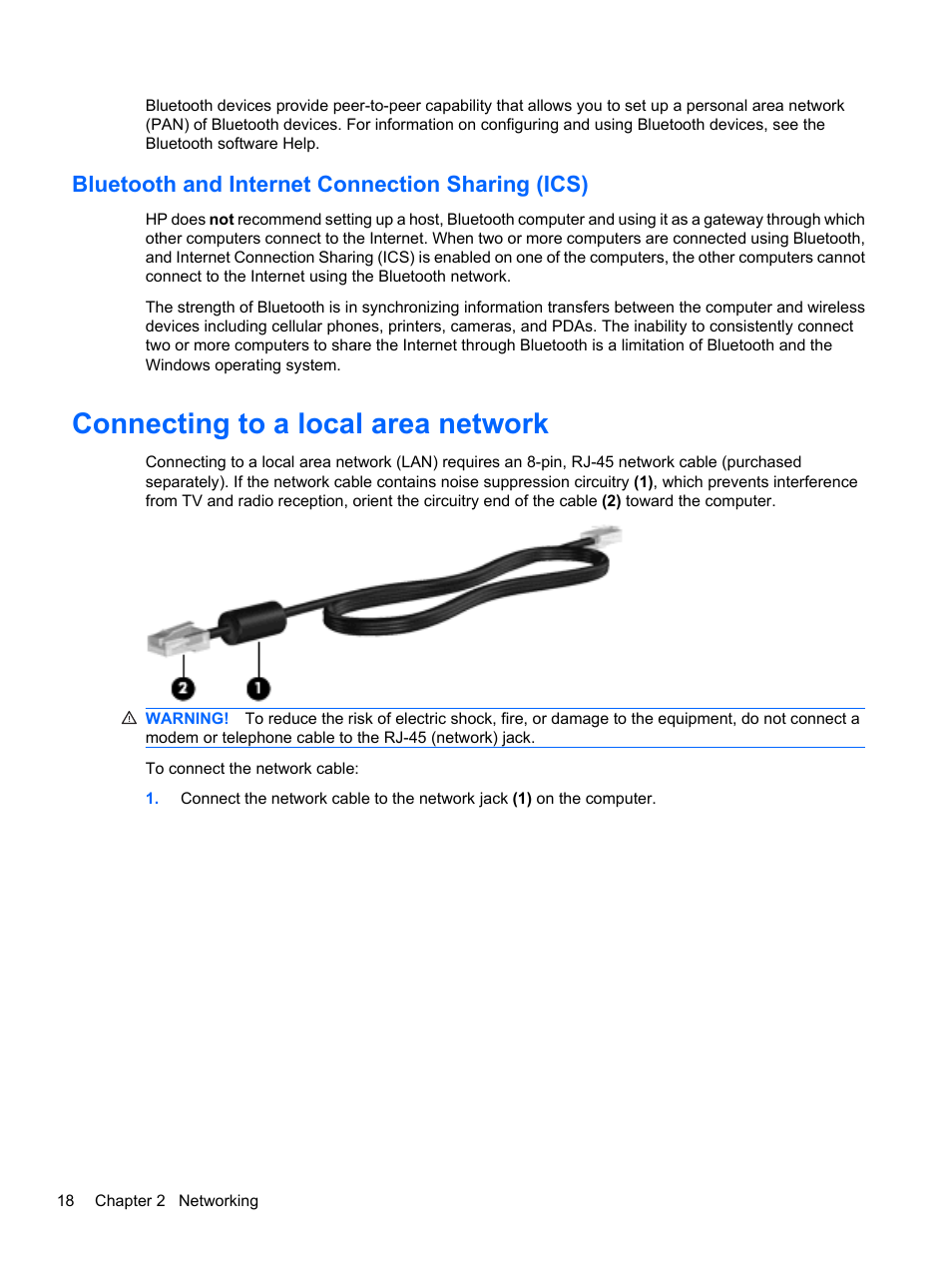 Bluetooth and internet connection sharing (ics), Connecting to a local area network | HP Pavilion dv7-4278nr Entertainment Notebook PC User Manual | Page 28 / 112