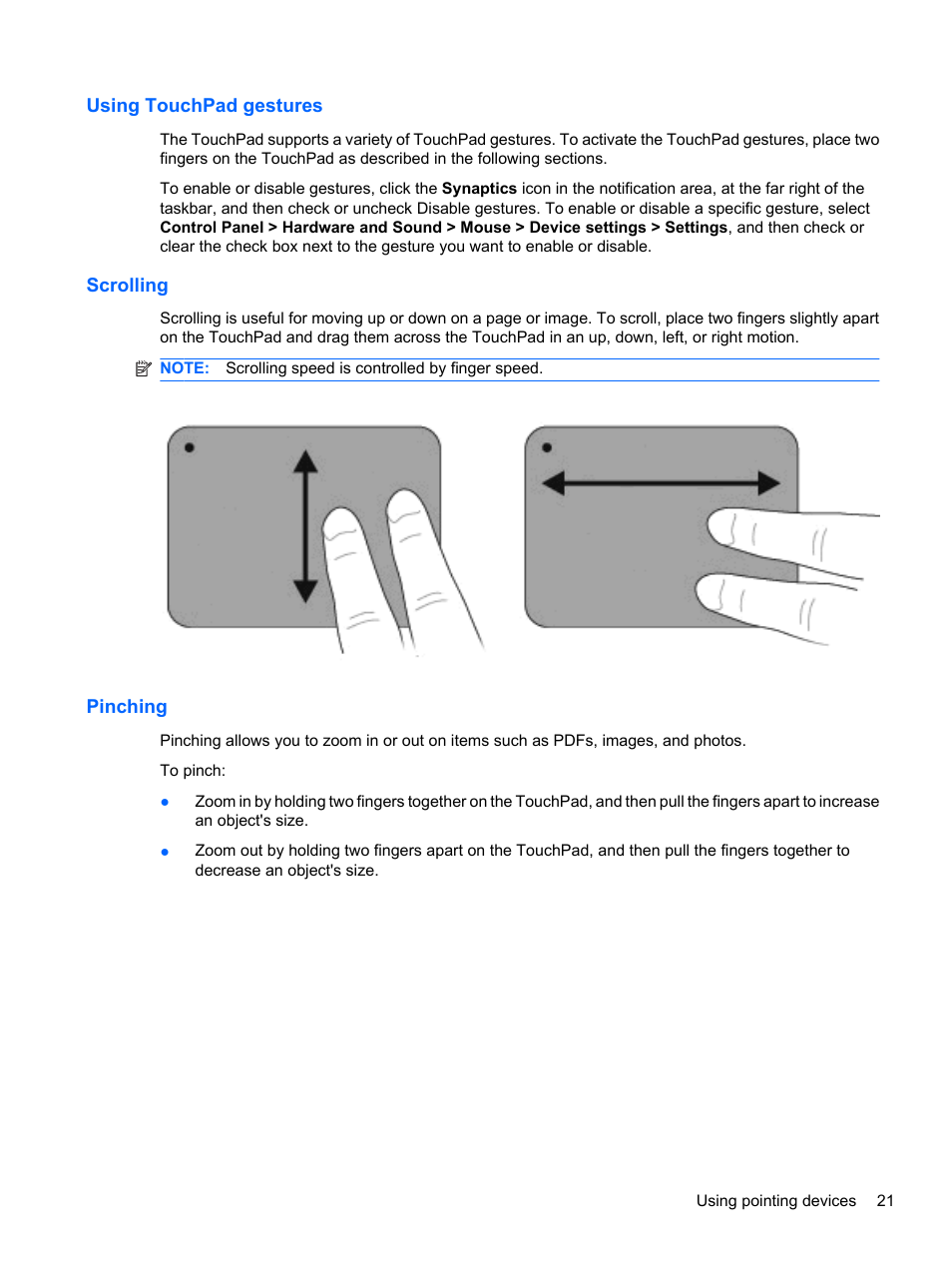 Using touchpad gestures, Scrolling, Pinching | Using touchpad gestures scrolling pinching | HP Pavilion dv7-4278nr Entertainment Notebook PC User Manual | Page 31 / 112