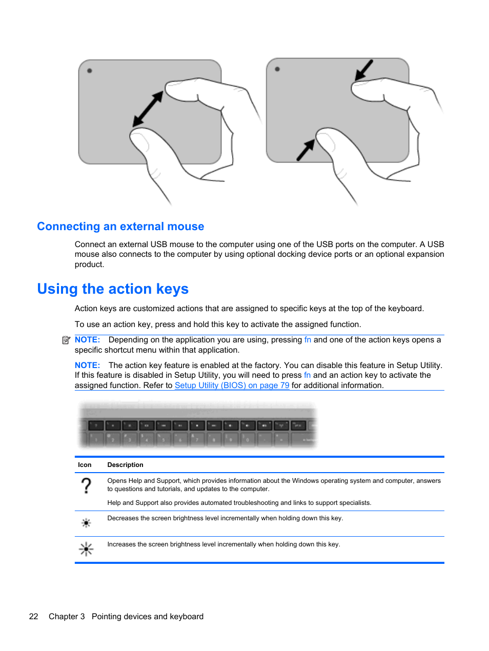 Connecting an external mouse, Using the action keys | HP Pavilion dv7-4278nr Entertainment Notebook PC User Manual | Page 32 / 112