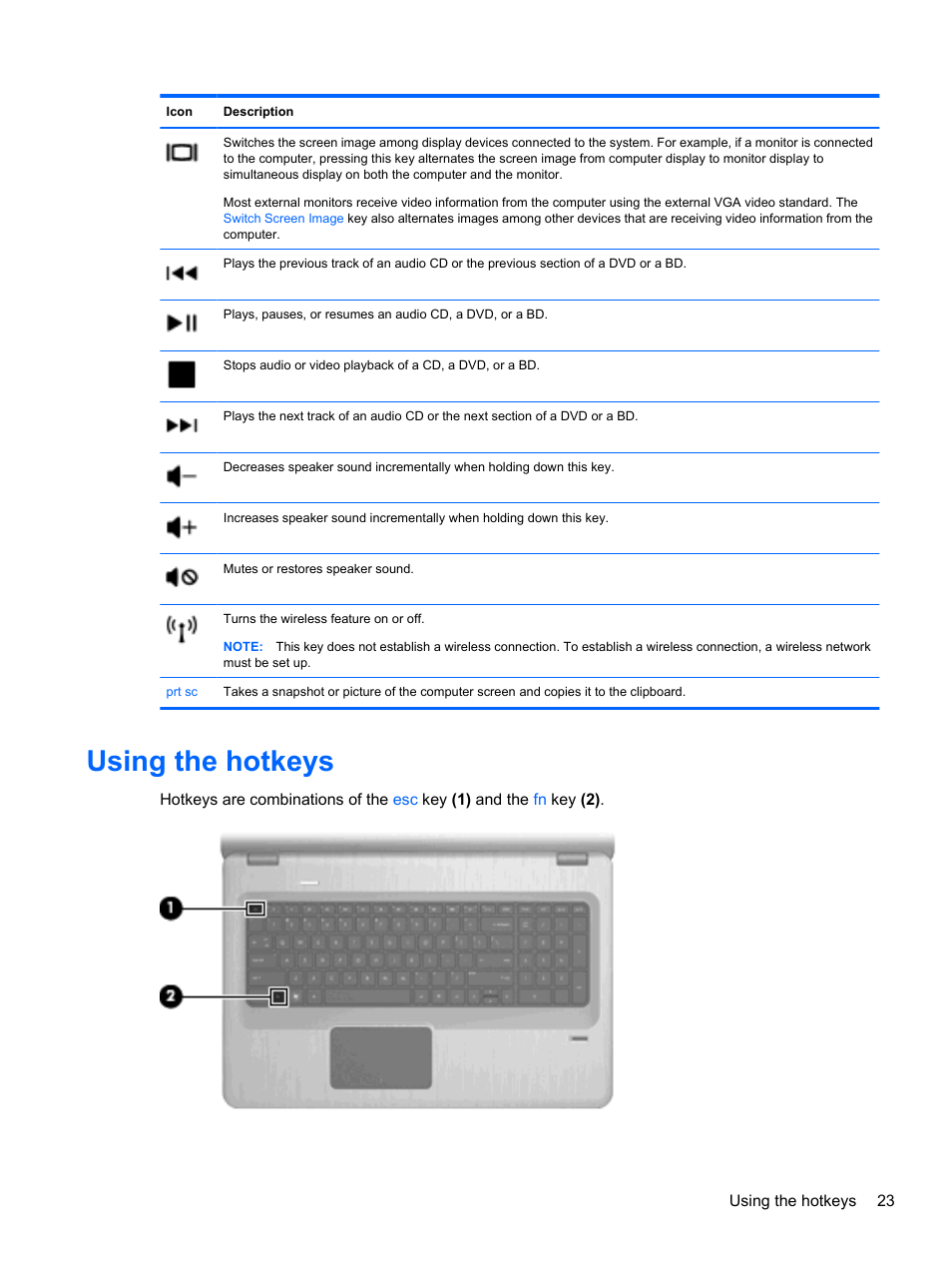 Using the hotkeys | HP Pavilion dv7-4278nr Entertainment Notebook PC User Manual | Page 33 / 112