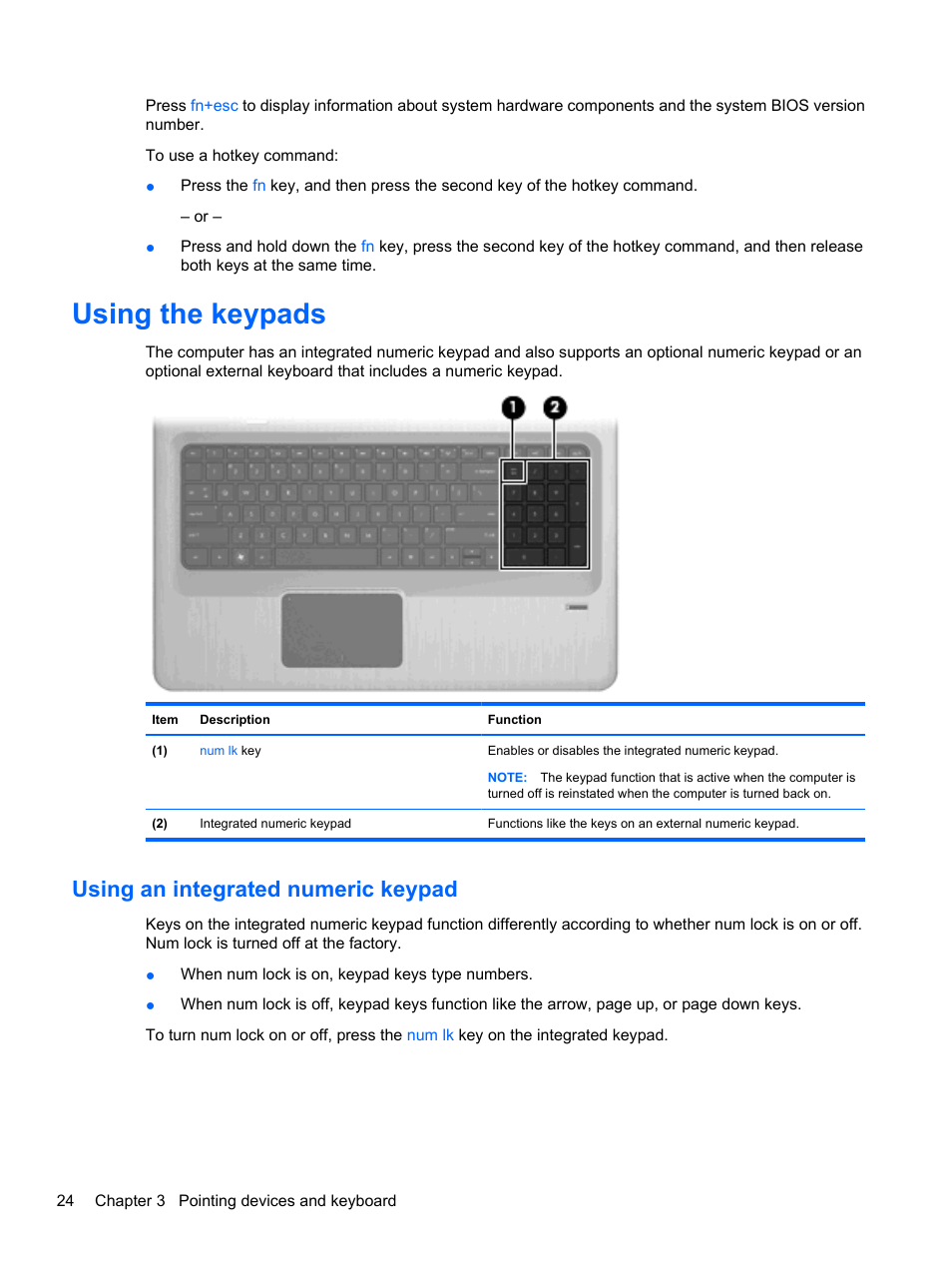 Using the keypads, Using an integrated numeric keypad | HP Pavilion dv7-4278nr Entertainment Notebook PC User Manual | Page 34 / 112