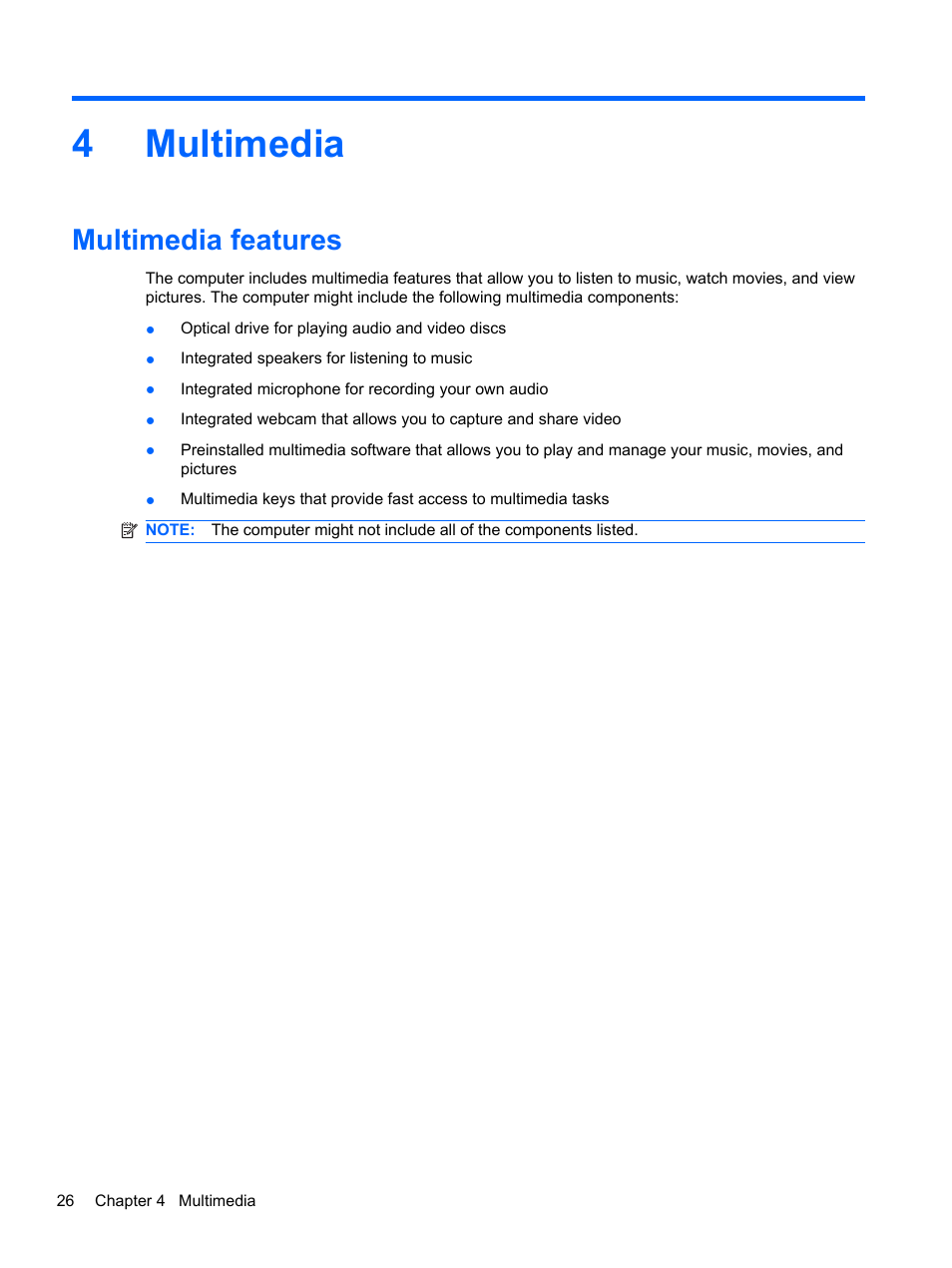 Multimedia, Multimedia features, 4 multimedia | 4multimedia | HP Pavilion dv7-4278nr Entertainment Notebook PC User Manual | Page 36 / 112