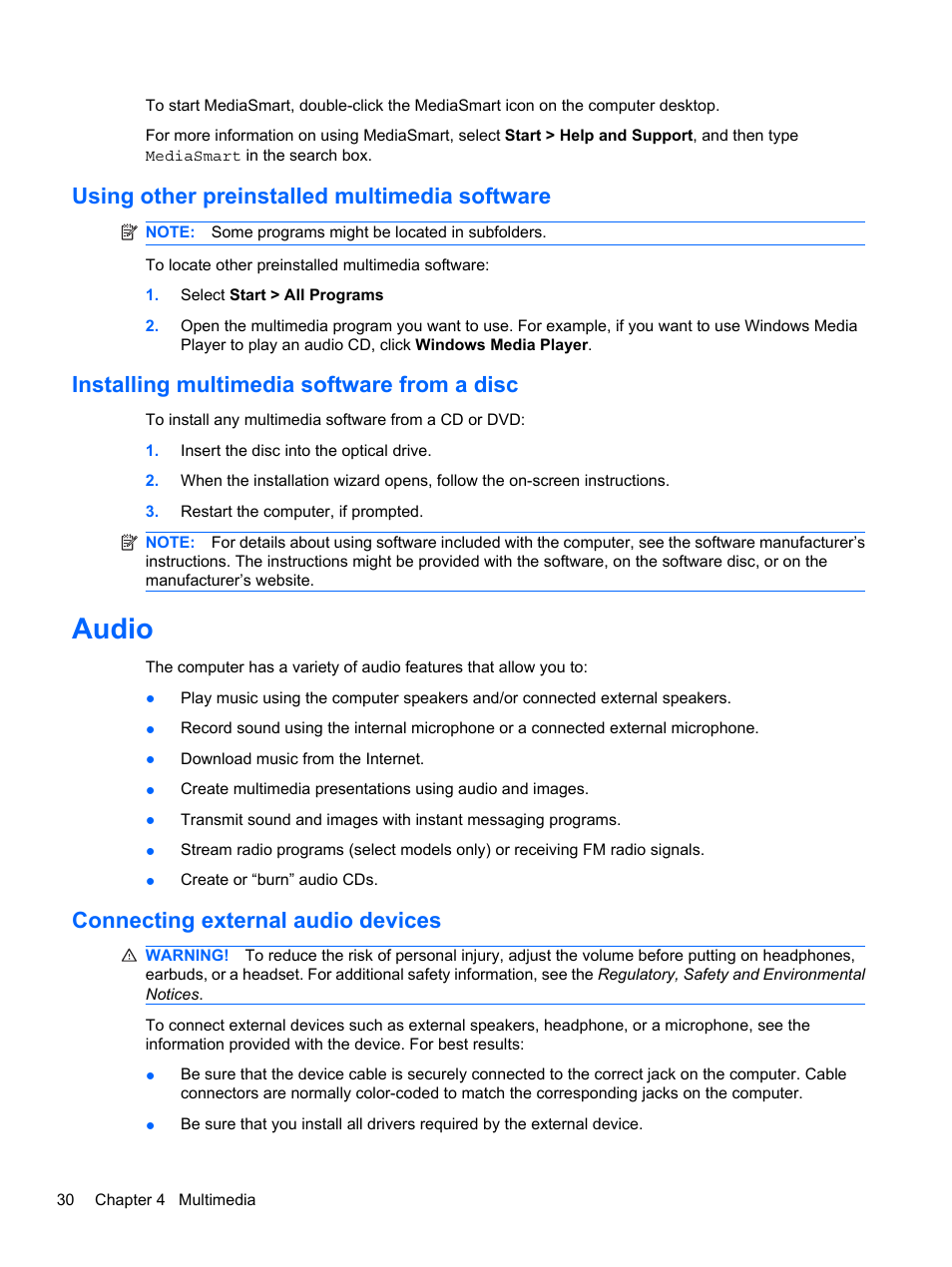 Using other preinstalled multimedia software, Installing multimedia software from a disc, Audio | Connecting external audio devices | HP Pavilion dv7-4278nr Entertainment Notebook PC User Manual | Page 40 / 112