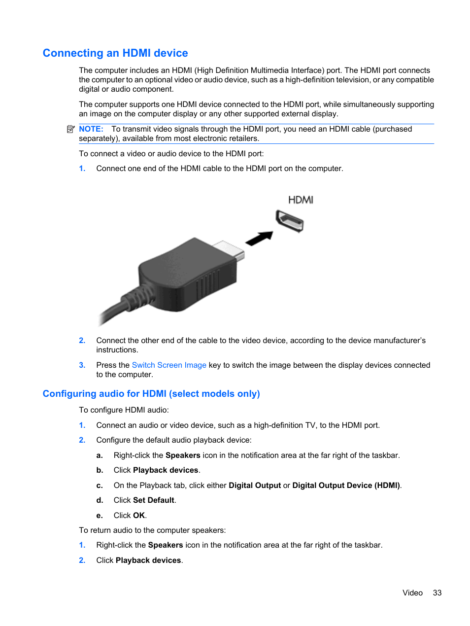 Connecting an hdmi device, Configuring audio for hdmi (select models only) | HP Pavilion dv7-4278nr Entertainment Notebook PC User Manual | Page 43 / 112