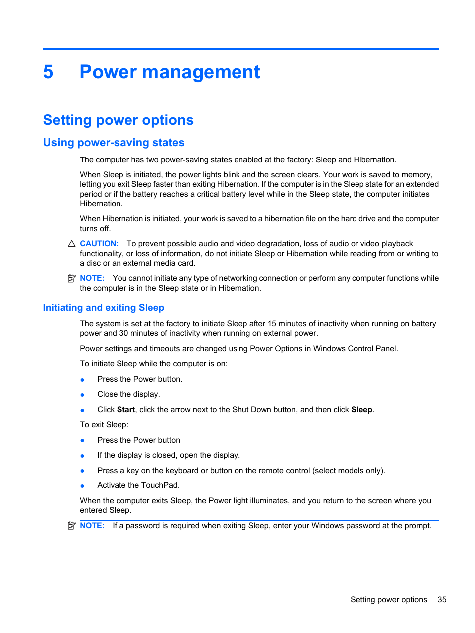 Power management, Setting power options, Using power-saving states | Initiating and exiting sleep, 5 power management, 5power management | HP Pavilion dv7-4278nr Entertainment Notebook PC User Manual | Page 45 / 112