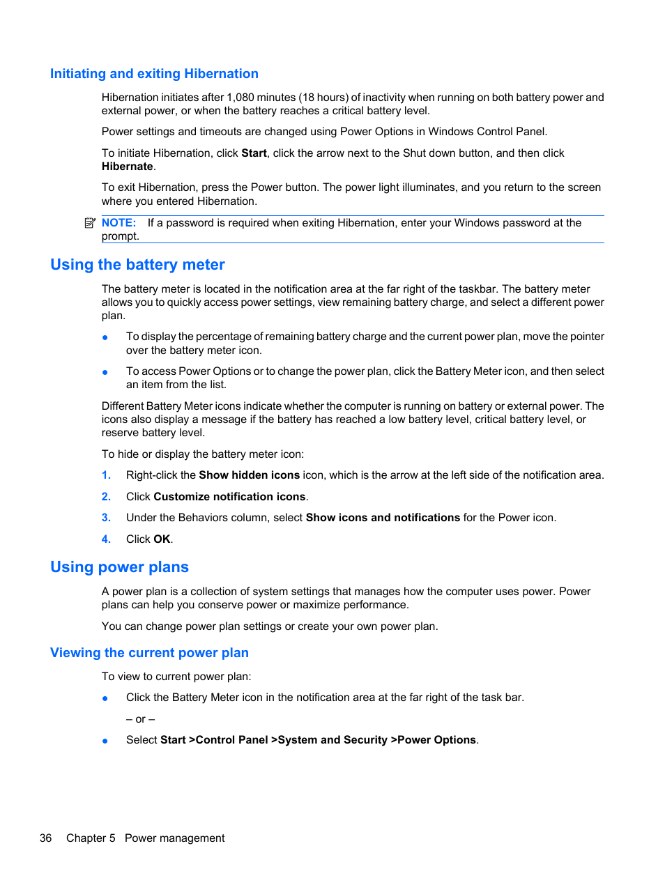 Initiating and exiting hibernation, Using the battery meter, Using power plans | Viewing the current power plan, Using the battery meter using power plans | HP Pavilion dv7-4278nr Entertainment Notebook PC User Manual | Page 46 / 112