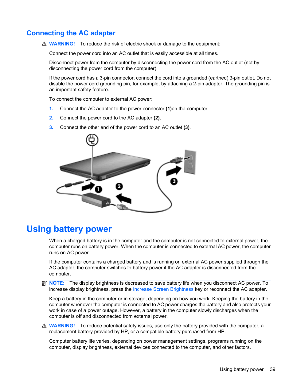 Connecting the ac adapter, Using battery power | HP Pavilion dv7-4278nr Entertainment Notebook PC User Manual | Page 49 / 112