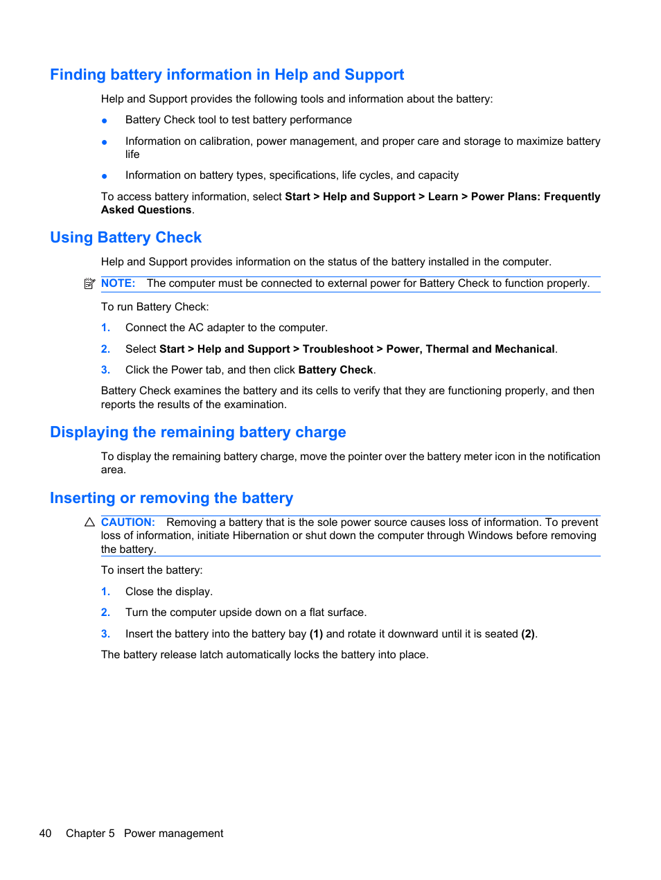 Finding battery information in help and support, Using battery check, Displaying the remaining battery charge | Inserting or removing the battery | HP Pavilion dv7-4278nr Entertainment Notebook PC User Manual | Page 50 / 112