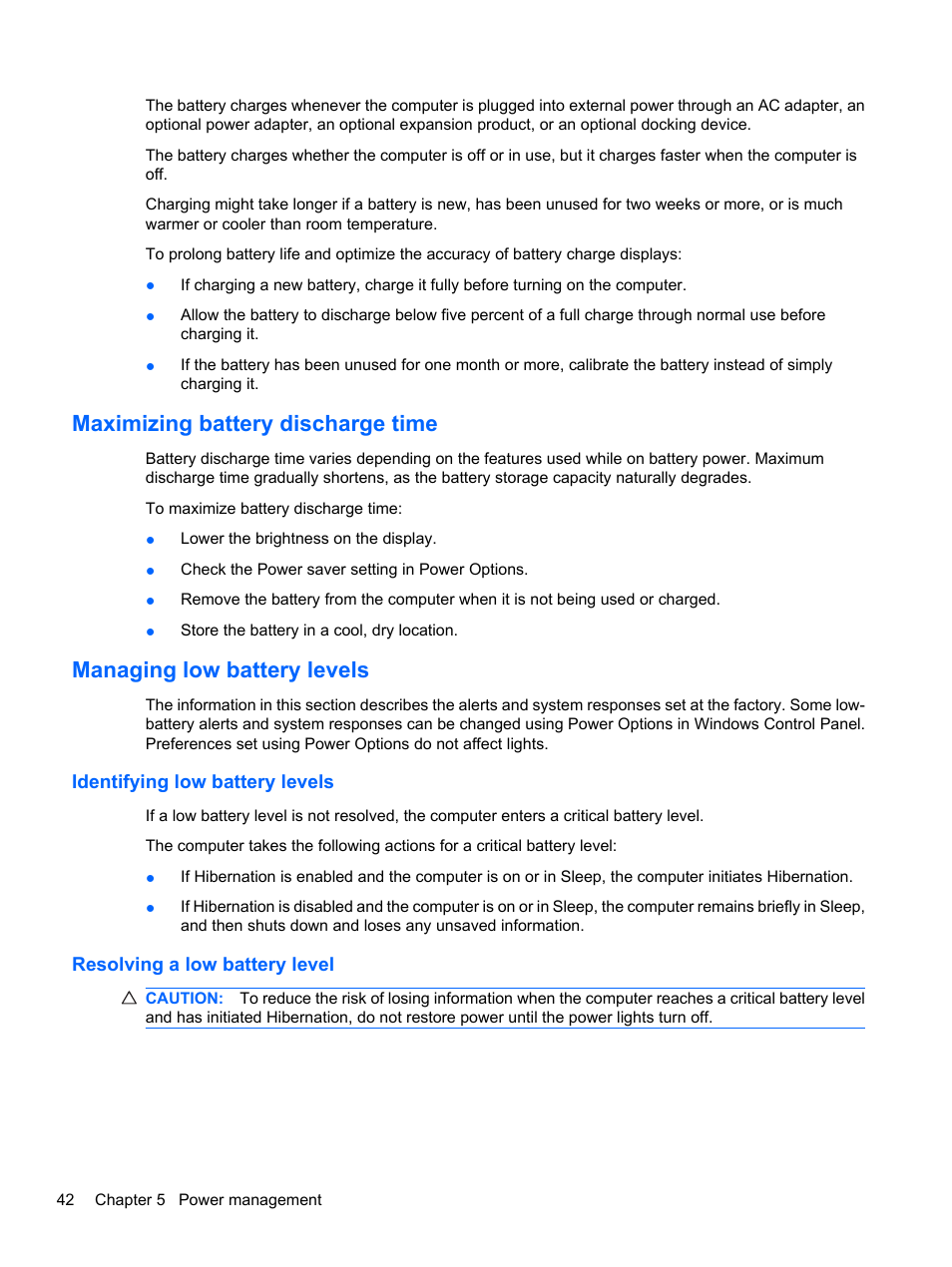 Maximizing battery discharge time, Managing low battery levels, Identifying low battery levels | Resolving a low battery level | HP Pavilion dv7-4278nr Entertainment Notebook PC User Manual | Page 52 / 112