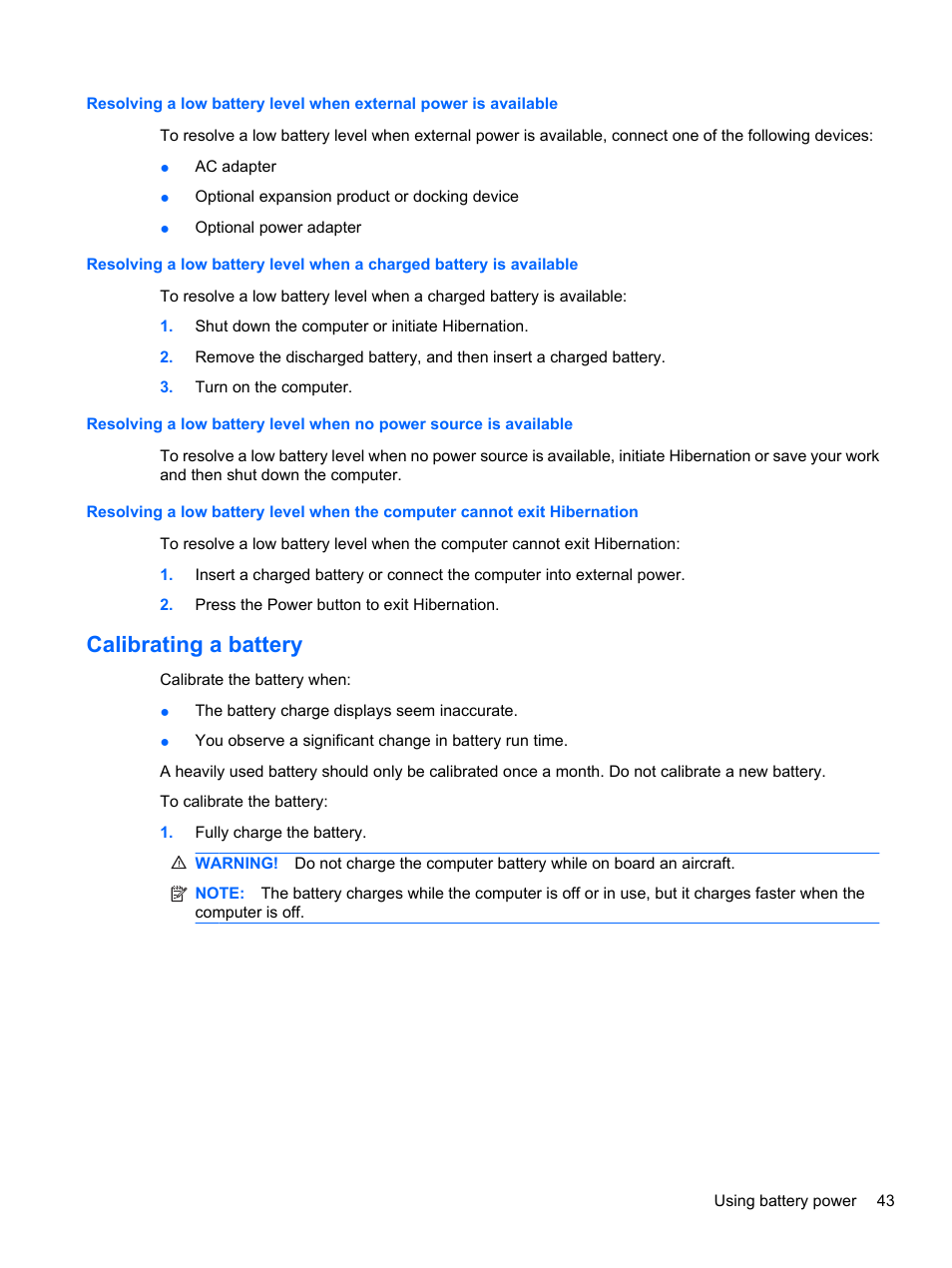 Calibrating a battery | HP Pavilion dv7-4278nr Entertainment Notebook PC User Manual | Page 53 / 112