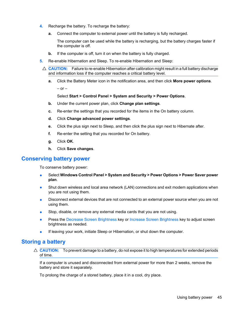 Conserving battery power, Storing a battery, Conserving battery power storing a battery | HP Pavilion dv7-4278nr Entertainment Notebook PC User Manual | Page 55 / 112