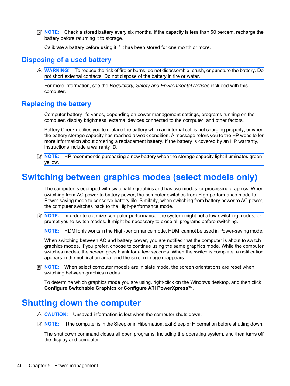 Disposing of a used battery, Replacing the battery, Shutting down the computer | Disposing of a used battery replacing the battery | HP Pavilion dv7-4278nr Entertainment Notebook PC User Manual | Page 56 / 112