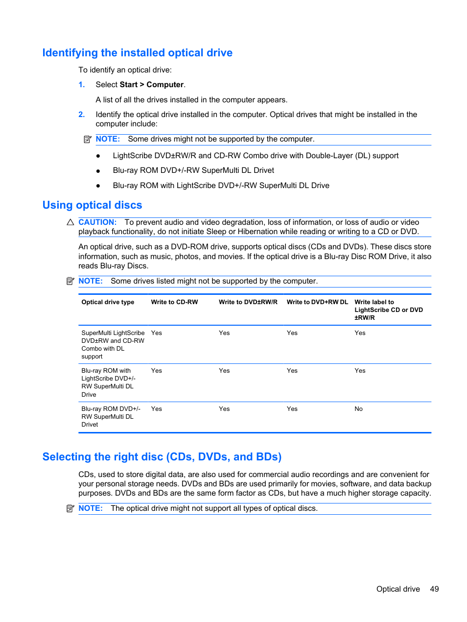 Identifying the installed optical drive, Using optical discs, Selecting the right disc (cds, dvds, and bds) | HP Pavilion dv7-4278nr Entertainment Notebook PC User Manual | Page 59 / 112