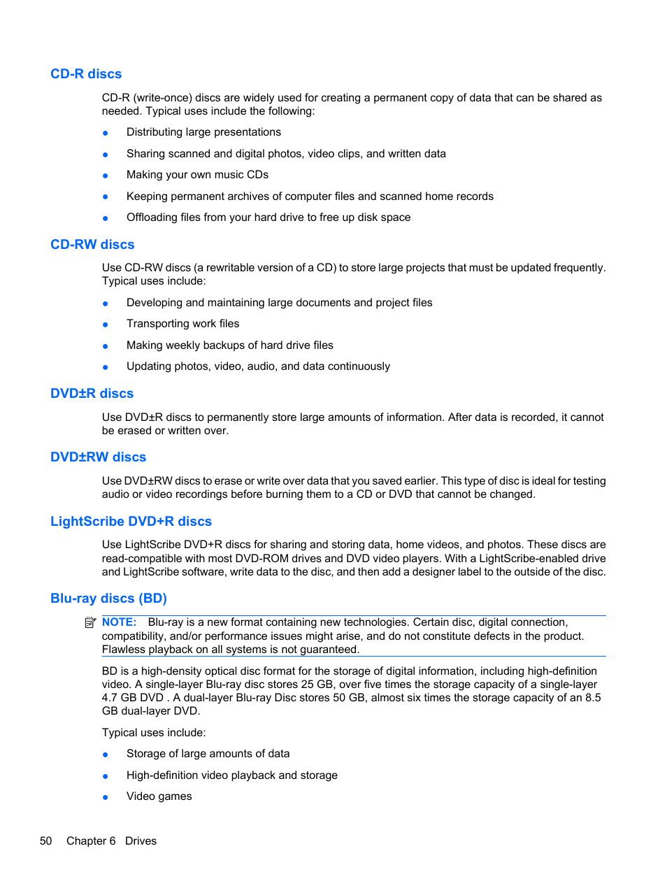 Cd-r discs, Cd-rw discs, Dvd±r discs | Dvd±rw discs, Lightscribe dvd+r discs, Blu-ray discs (bd) | HP Pavilion dv7-4278nr Entertainment Notebook PC User Manual | Page 60 / 112