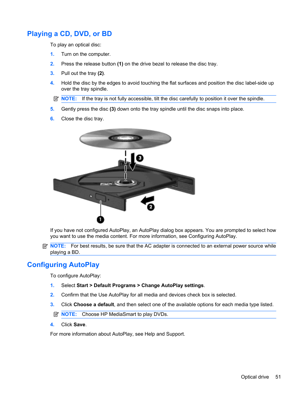 Playing a cd, dvd, or bd, Configuring autoplay, Playing a cd, dvd, or bd configuring autoplay | HP Pavilion dv7-4278nr Entertainment Notebook PC User Manual | Page 61 / 112