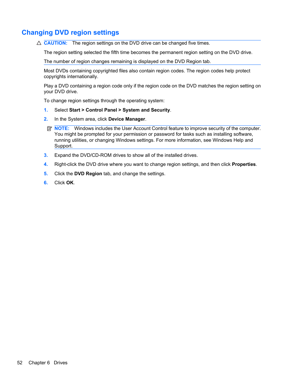 Changing dvd region settings | HP Pavilion dv7-4278nr Entertainment Notebook PC User Manual | Page 62 / 112