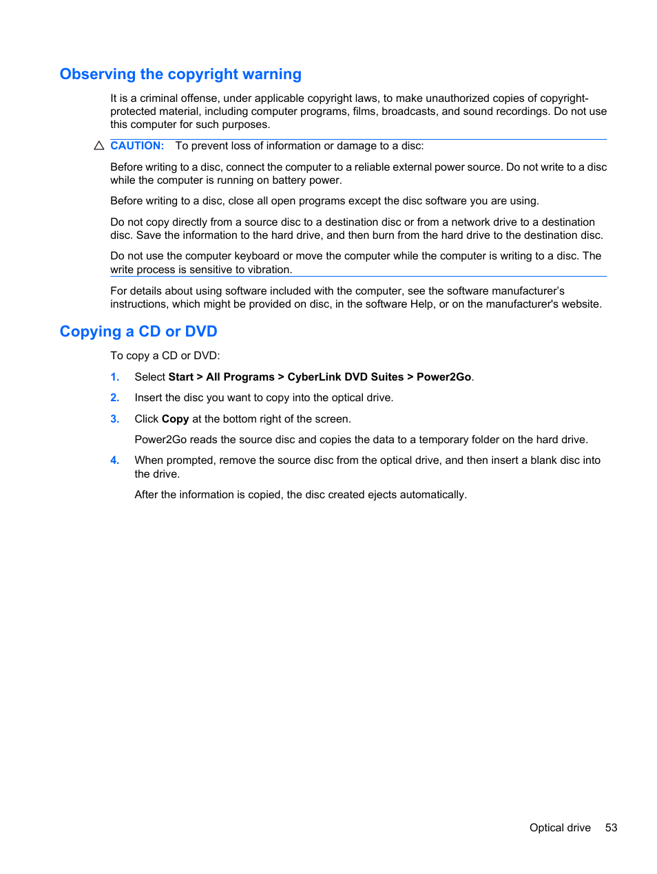 Observing the copyright warning, Copying a cd or dvd | HP Pavilion dv7-4278nr Entertainment Notebook PC User Manual | Page 63 / 112