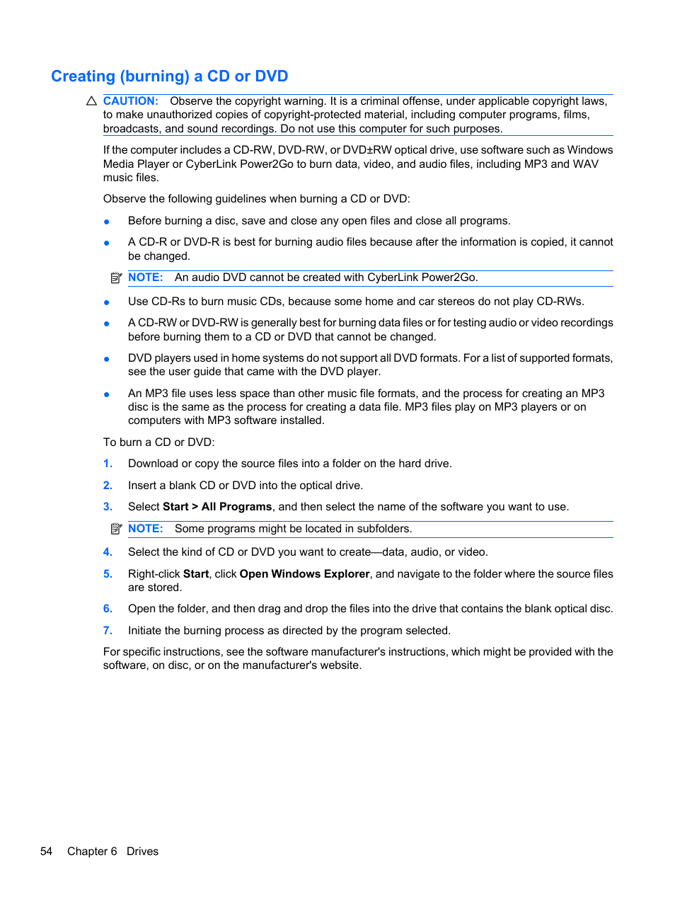 Creating (burning) a cd or dvd | HP Pavilion dv7-4278nr Entertainment Notebook PC User Manual | Page 64 / 112