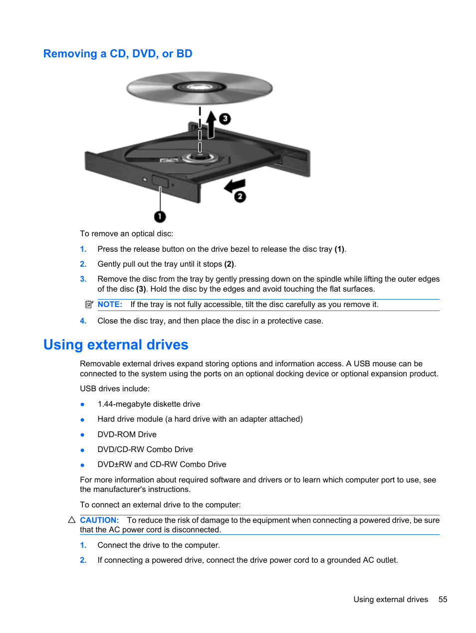 Removing a cd, dvd, or bd, Using external drives | HP Pavilion dv7-4278nr Entertainment Notebook PC User Manual | Page 65 / 112